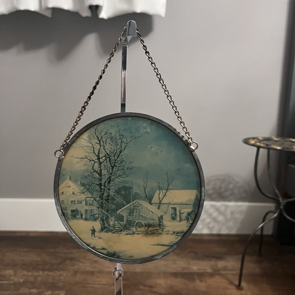 Vintage Currier & Ives Stained Glass Suncatcher “New England Winter Scene”
